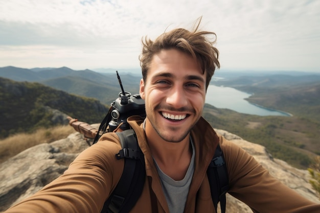 Mountain Summit SelfPortrait Young Hiker Man Taking a Selfie on the Top Generative Ai