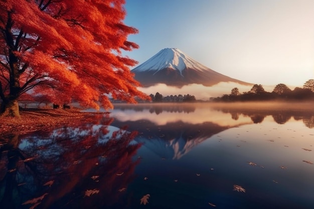 湖を背景にした日の出の山