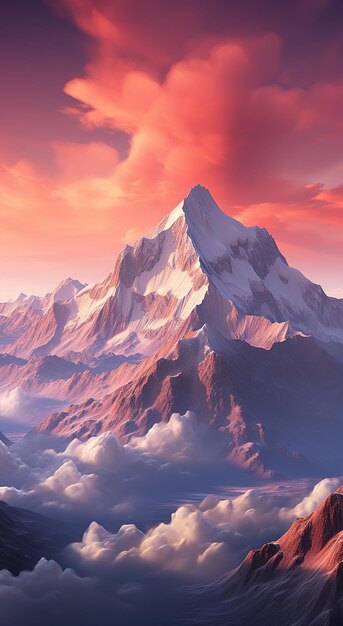 山 の 夕暮れ の 雲 が 芸術 的 な スタイル で 山頂 を 覆っ て いる