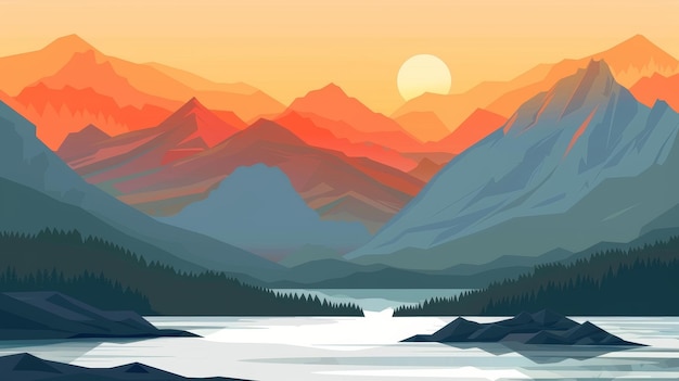 Mountain Sunset Illustration on White Background Generative AI
