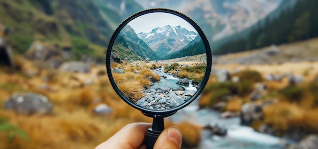 Photo mountain through magnifying glass ai generated