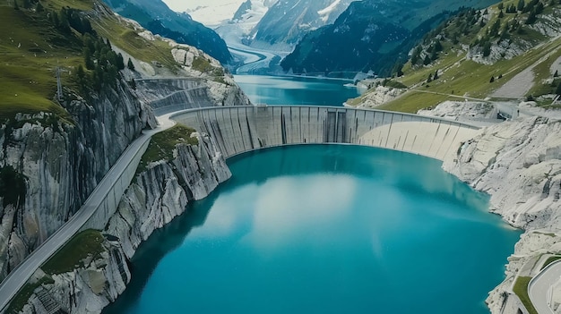 Mountain top Swiss reservoir generating renewable hydroelectricity for ecofriendly decarbonization seen from above during summer