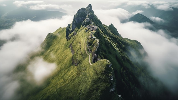 緑の山を背景にした山頂