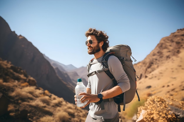Mountain Trail Adventure Hiker met rugzak en waterfles