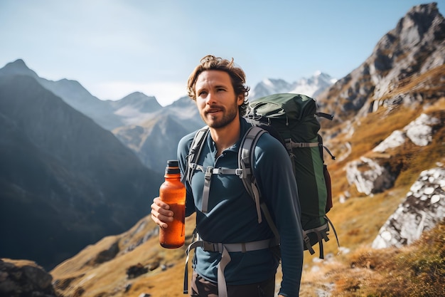 Mountain Trail Adventure Hiker with Backpack and Water Bottle