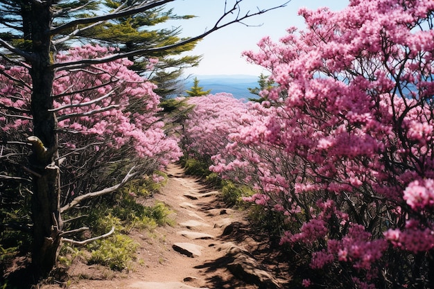 Mountain trails leading through fields of blooming cherry blossoms or azaleas