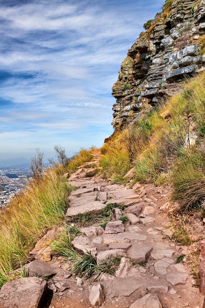 Mountain trails on Lions Head Table Mountain National Park Cape Town South Africa A famous landmark and hiking paradise for tourists and locals Untouched terrain showing a natural wonder