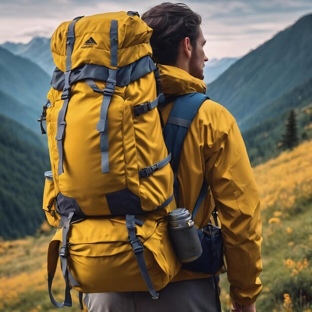 Mountain traveler with backpack and flashlight on yellow studio background