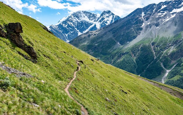 Mountain trekking Panorama mountain summer landscape Summer mountain landscape Amazing scene with mountains background of high snowcapped mountains