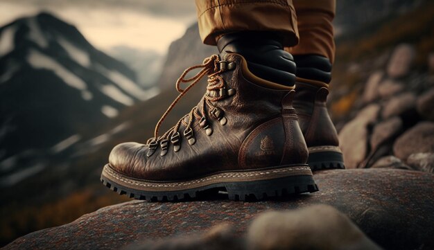 Foto viaggio in montagna gambe con scarpe sportive sullo sfondo di montagne close-up ai generativa