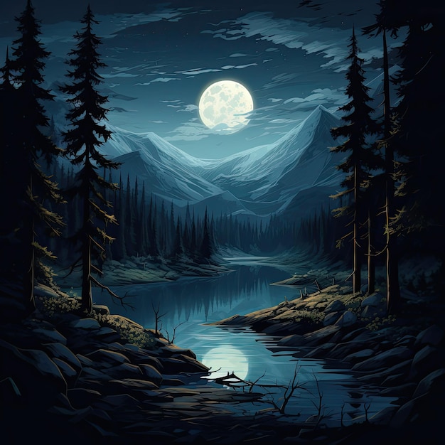 Mountain valley night moon sky