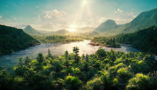 Mountain valley with lake forest trees and sun in blue sky 3d illustration