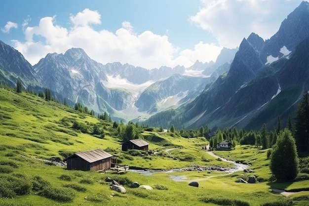 a mountain valley with a small cabin in the middle.