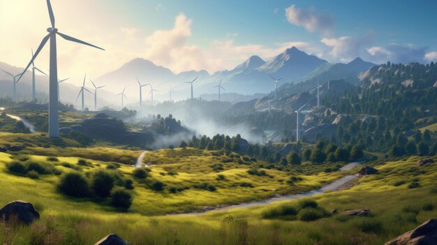 A mountain valley with wind turbines While it represents an environmentalist approach with its energy production the view of the mountains is also impressive Created with Generative AI