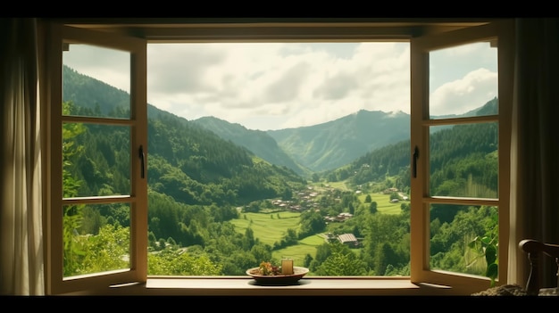 Foto vista di fondo della montagna vista dalla finestra con montagne verdi