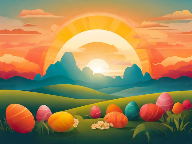 Mountain view and easter day egg illustration hand draw