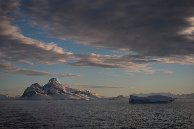 Mountain view from ship at sunset in Antarctica