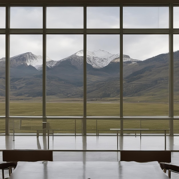 写真 高級住宅の窓から見える山の景色