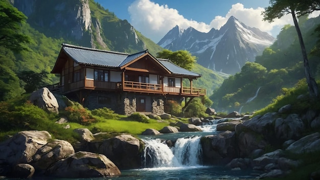 Mountain view with waterfall and home