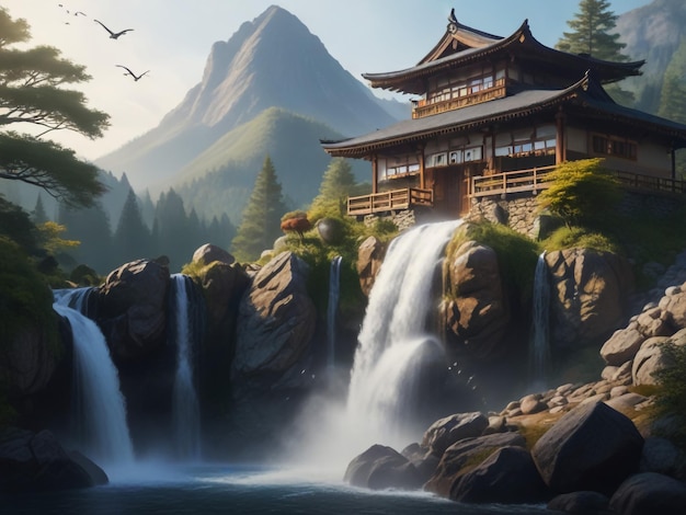 Mountain view with waterfall and home
