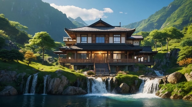 Mountain view with waterfall and home