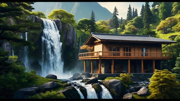 Mountain view with waterfall and home