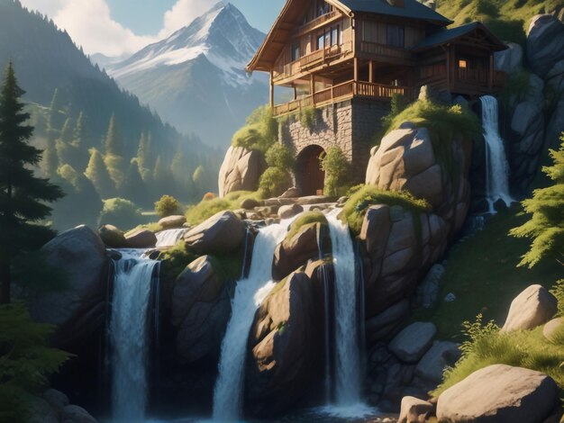 Mountain view with waterfall and home