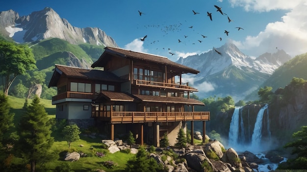 Mountain view with waterfall and home