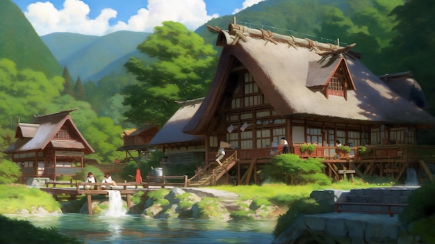 Mountain village placed on river shore generated by AI