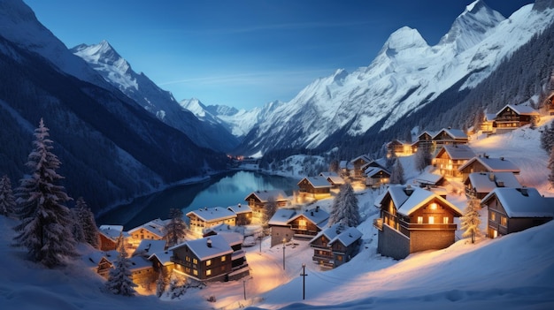 Mountain village in winter on christmas landscape with snow and houses generative ai ski resort town covered with snow in evening lights theme of travel nature and new year holiday