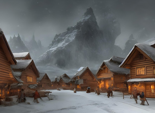 mountain village with wooden viking houses in the snow, blizzard, winter landscape