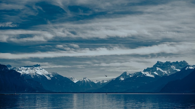 Mountain and Water Background View Lake Geneva Vevey Swistzerland