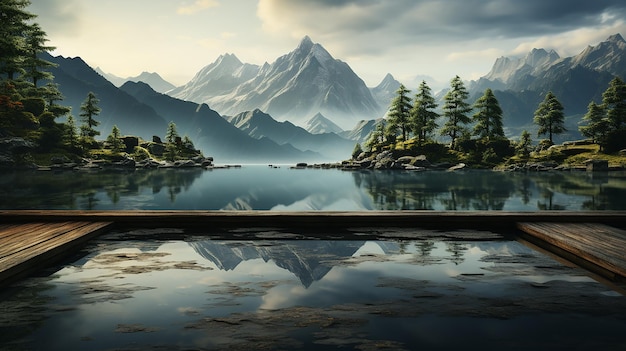 Mountain and Water Background with Wooden Floor