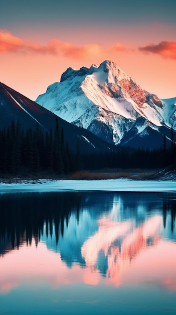 A mountain in the water with a pink sky at sunset