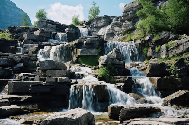 Mountain waterfall cascading over multiple terraced rocks