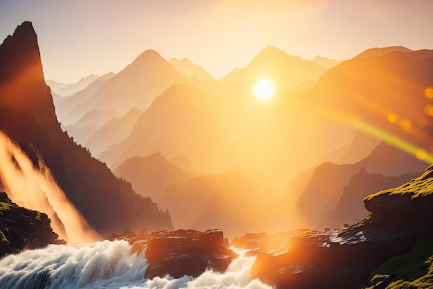 Mountain and waterfall on sunset sky abstract background ai generative