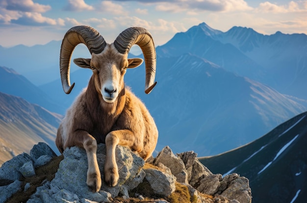 写真 山の風景を背景に岩の上にある山の野生のアルガリ