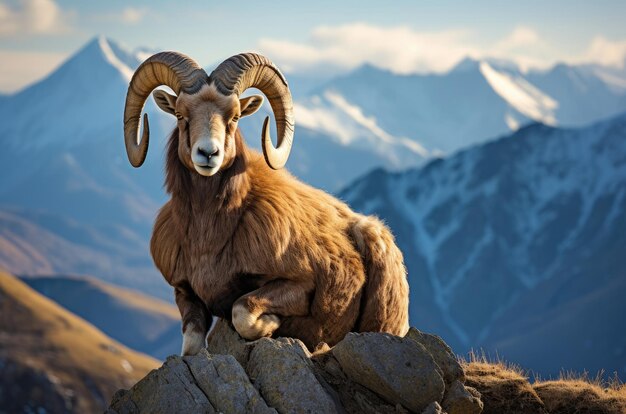 Mountain wild argali on the top of a rock against the backdrop of a mountain landscape