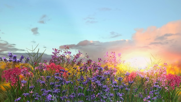 山の野生の花の青い空とハート形の白い雲が青い空に野生の野原の虹