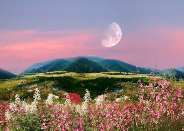 Mountain wild flowers  pink blue yellow  sunset  sky and moon  clouds beautiful nature landscape