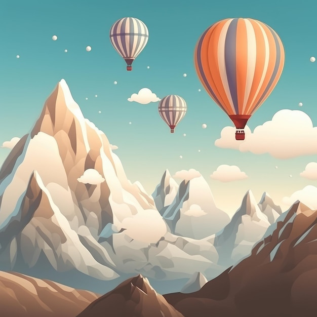 Mountain with air balloons and a sky with clouds generative ai