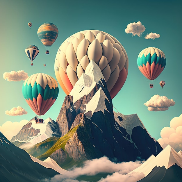 Mountain with air balloons and a sky with clouds generative ai