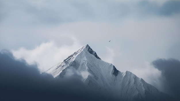 A mountain with a bird flying over it