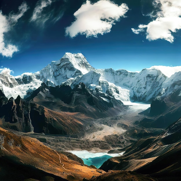 A mountain with a blue sky and clouds in the background