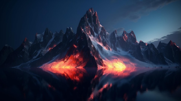 A mountain with a blue sky and a glowing lava on it