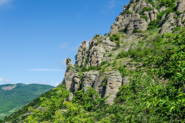 A mountain with a blue sky and green trees