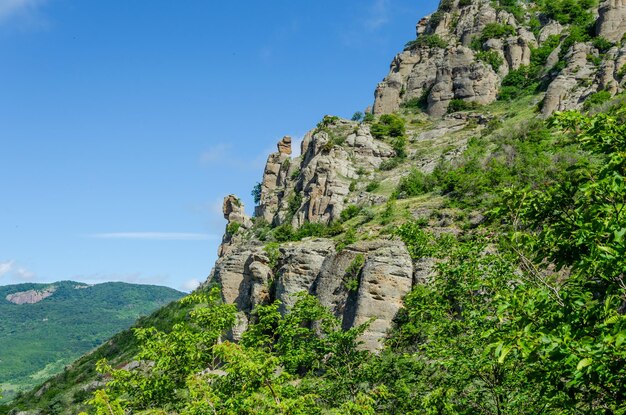 青い空と緑の木々が映える山