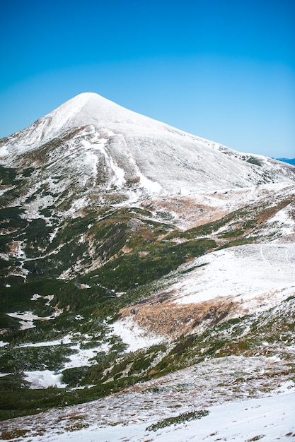 A mountain with a blue sky and snow on it