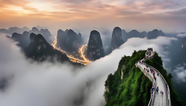 Photo a mountain with a bridge in the middle