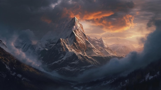 A mountain with a cloudy sky and a mountain in the background